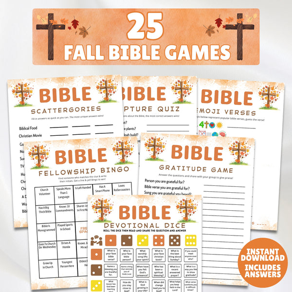 Welcome a season of fellowship with our comprehensive bundle of 25 printable Christian Fall-Themed Bible Games! This collection is thoughtfully designed to spark laughter, conversation, and a deeper connection with the Word, making it the perfect resource for any church or ministry event.