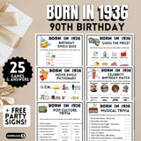 90th birthday game set for people born in 1936 with various activities on a beige background.