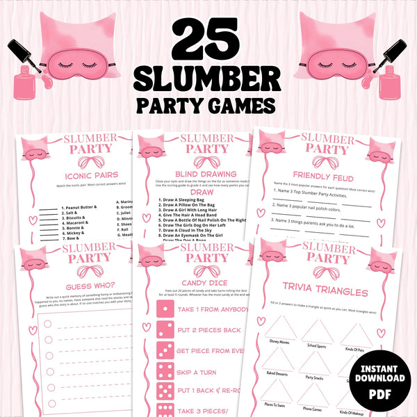 Planning the perfect slumber party just got a whole lot easier! This giant bundle of 25 printable sleepover games and activities is your secret weapon for a night filled with teen &amp; tween laughter, secrets, and unforgettable memories. Say goodbye to boredom and hello to non-stop fun!
Designed for teens and tweens, this pack has everything from classic favorites like M.A.S.H. to modern challenges like a Selfie Race. It's the ultimate mix of nostalgia and new trends, ensuring every guest has a blast.