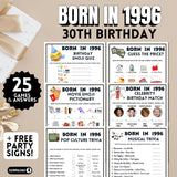 Collection of birthday games and activities for people born in 1996 on a beige background.