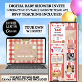 barbecue baby q  or co-ed baby shower gender neutral great for boys editable website invitation template for summer baby shower editable with a free canva account trackable rsvp, clickable gift registry, diaper raffle, books for baby, side dish request, drag and drop polaroid frames for your photos and more its totally interactive and easy to edit then share via text social media or email guests will love it