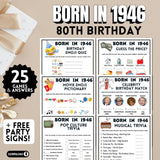 80th Birthday game set for those born in 1946 with various activities and trivia questions.