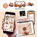 editable digital fall baby shower invitation website canva template sweater weather theme with rsvp included and premium party location, gift registry, add to calendar links plus diaper raffle and books for baby, simply edit, share and collect rsvps right in your free canva account