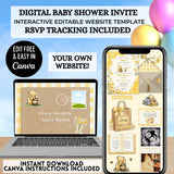 classic winnie the pooh baby shower website digital invitation editable with free canva account yellow gingham trackable rsvp, books for baby, google maps location, gift registry, drag and drop polaroid pictures, and more all editable by you immediately after purchase with a free canva account, guide included guests will love your baby shower website