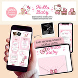 digital baby shower modern invitation website canva template in hello baby cute kitty theme comes with rsvp included, premium gift registry and party location links, and matching editable printable shower signs