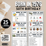 Collection of printable birthday games and trivia cards for those born in 1976 including 1976 pop culture trivia, 70s music trivia, celebrity birthday match, guess the 1976 price, and 1976 emoji pictionary with answers
