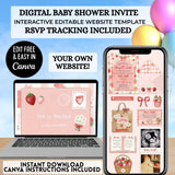 editable somebody berry sweet strawberry daisies themed baby shower website invitation editable with free canva account easy to use and share via text, email or social media your own website includes rsvp tracking, gift registry, books for baby, diaper raffle, polaroid drag and drop photo frames, google maps location comes with a guide your guests will love it