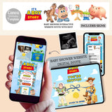 Canva website template preview for a Toy Story baby shower, showing a digital invitation design displayed on a phone screen, a printed invitation card, anRSI sign, and an ultrasound photo, with cartoon characters Woody, Buzz Lightyear, Jessie, Bullseye, Hamm, and Rex at the top.