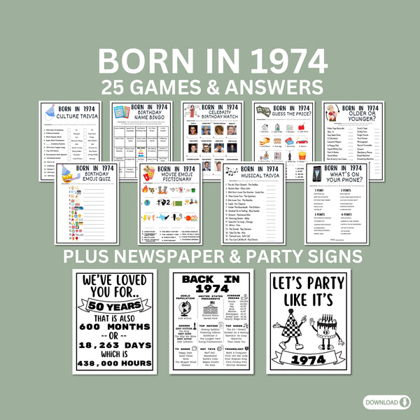 50th Birthday Printable Games Bundle | Born in 1974 Party Idea | 50th ...