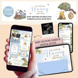 Baby shower website template preview showing a hand holding a phone with an interactive invitation screen, a desktop website layout, an RSVP card, and an envelope. The design features Winnie the Pooh characters, a beehive, and a soft blue-and-white watercolor background.
