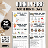 Printable birthday games and party signs for men and women born in 1986 turning 40 years old, 25 games with answers and 4 party signs including movie emoji pictionary, guess the price, celebrity birthdays pop culture trivia and more