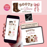 boots or bows country western gender reveal digital invitation website with rsvp included and premium registry and party location links editable canva template 