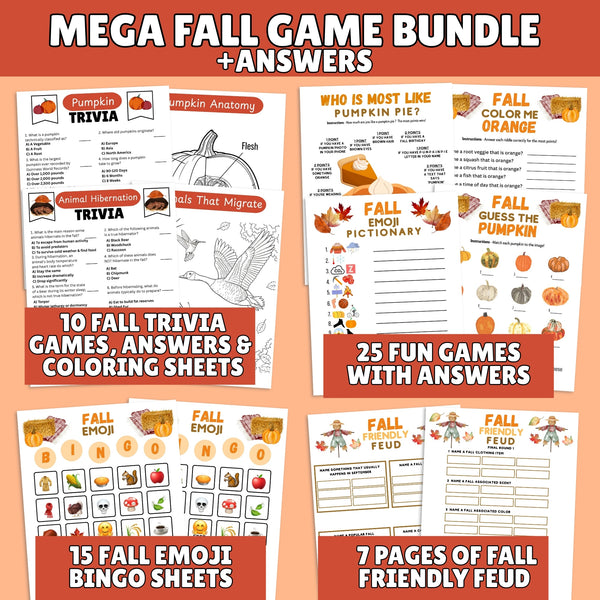  67 unique pages of games, trivia, and activities, this bundle is your one-stop solution for a fun and memorable autumn gathering.

This versatile collection is perfect for any occasion, including classroom parties, homeschool activities, fall parties, family game night, church events, office parties, fall festivals, and senior citizen gatherings. 
