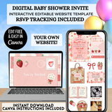 editable somebody berry sweet strawberry daisies themed baby shower website invitation editable with free canva account easy to use and share via text, email or social media your own website includes rsvp tracking, gift registry, books for baby, diaper raffle, polaroid drag and drop photo frames, google maps location comes with a guide your guests will love it