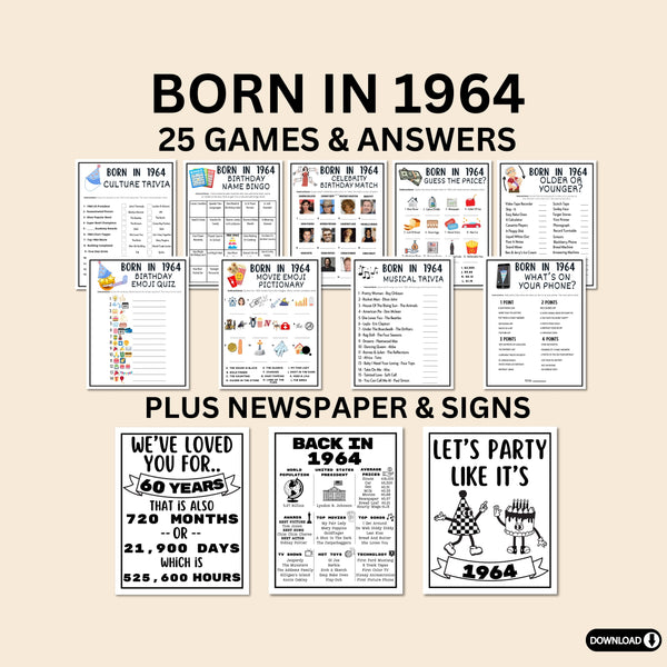 60th Birthday Printable Games Bundle | Born in 1964 Party Idea | 60th Bday Party Activities Man Woman 1964 Newspaper Poster Trivia Quiz