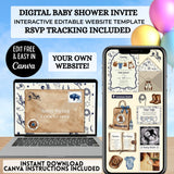 cute little cowboy clothes on clothesline baby shower invitation website editable with a free canva account, includes rsvp tracking, books for baby, google maps location, clickable gift registry, save the date and invitation your very own website that guests will love easy to edit publish and share via social media, text or email