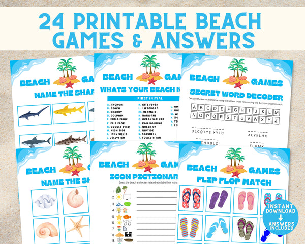 Printable Beach Games & Answers | Ocean Party Games For Kids And Adults | Summer Vacation DIY Shore Games Beach Day Family Ideas Activities