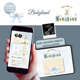 blue and yellow magical castle babyland invitation baby shower with diaper raffle, books for baby, linked google maps, linked registry, trackable rsvp, countdown timer, and more canva invitation website template easy to use and edit