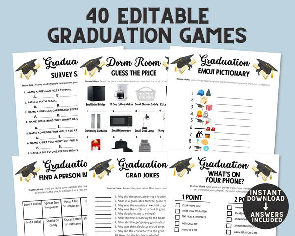 Graduation Party Editable Games Mega Bundle | Printable Adult Kids Graduate Activities | 2024 Graduation Class Games & Answers Templates