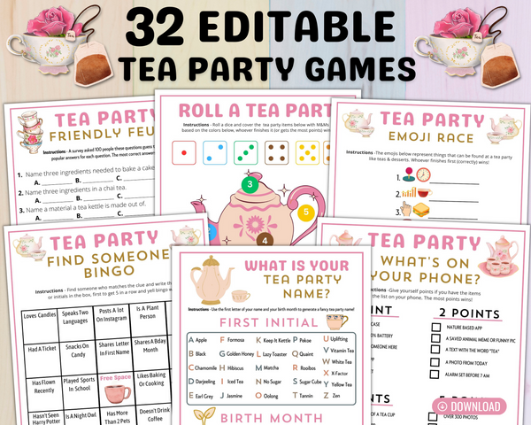 Printable tea party games and answers that are editable to print and play at girls birthdays, ladies tea parties, church functions, family gatherings and high tea or baby and bridal showers.