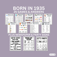 90th Birthday Printable Games Bundle | Born in 1935 Party Idea | 90th Bday Party Activities Man Woman 1934 Newspaper Poster Trivia Quiz