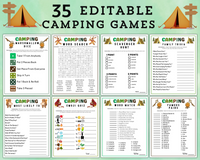 Printable Editable Camping Games Bundle For Kids & Adults | Family Campfire Party Ideas And Activities | Camp Quizzes Editable Template