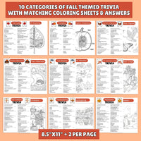 Collection of fall-themed trivia sheets with coloring pages and answers on a peach background.