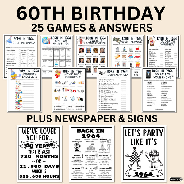 60th Birthday Printable Games Bundle | Born in 1964 Party Idea | 60th Bday Party Activities Man Woman 1964 Newspaper Poster Trivia Quiz