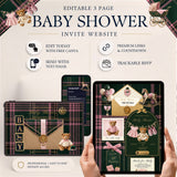 Promotional graphic for a girls polo theme baby shower website template package, showing a plaid-themed invitation design, a matching digital card, and a tablet mockup held by hands. Text highlights editable 3-page website features, Canva compatibility, links and countdown, trackable RSVP, and professional instant access.