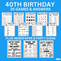 40th Birthday Printable Games Bundle | Born in 1984 Party Idea | 40th Bday Party Activities Man Woman 1984 Newspaper Poster Trivia Quiz
