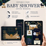 Promotional graphic for an editable 3-page baby shower website template, showing a dark navy and green plaid theme with gold accents, teddy bears, envelopes, balloons, and a baby carriage. Two hands hold tablet mockups displaying the design pages, with feature callouts including edit with free Canva, premium links & countdown, send with text/email, and trackable RSVP.