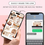 editable digital fall baby shower invitation website canva template sweater weather theme with rsvp included and premium party location, gift registry, add to calendar links plus diaper raffle and books for baby, simply edit, share and collect rsvps right in your free canva account