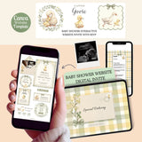 silly little goose on the loose sage green gingham scalloped invite with bow, editable canva website for your baby shower invitation, save money, time and postage and wow your guests with this digital invite its an interactive website for mother goose or goose theme baby showers, trackable rsvp, clickable envelope, registry links, party location link books for baby, diaper raffle and more, easy to edit and share with free canva account share via text, email or social media