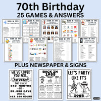 70th Birthday Printable Games Bundle | Born in 1955 Party Idea | 70th Bday Party Activities Man Woman 1954 Newspaper Poster Trivia Quiz