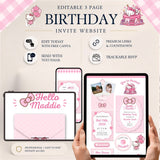 Promotional graphic for an editable 3-page birthday invite website template, shown on tablet screens with hands holding the devices. The design uses pink and white Hello Kitty-style motifs, with text including 'BIRTHDAY INVITE WEBSITE,' 'Hello Maddie,' and feature callouts such as 'Edit today with free Canva,' 'Premium links & countdown,' and 'Trackable RSVP.