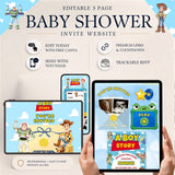 Promotional graphic for an editable 3-page baby shower website template, featuring Toy Story-themed designs shown on a desktop monitor, a tablet, and a phone, with hands holding the tablet at the bottom right. Text highlights features like premium links, countdown, text/email sending, and trackable RSVP.