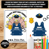 Coloring page with a turkey disguised as a police officer, including cutout accessories and text prompts.