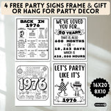 Four black and white party signs with text celebrating a 50th birthday, born in 1976 on a light gray background.