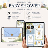 Promotional graphic for an editable 3-page baby shower website template, showing tablet and phone mockups with invitation designs, plus text highlighting features like Canva editing, premium links and countdown, text/email sending, and trackable RSVP. A pair of hands holds one of the tablet screens on a light cream background with decorative classic winnie the pooh illustrations.