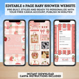 editable somebody berry sweet strawberry daisies themed baby shower website invitation editable with free canva account easy to use and share via text, email or social media your own website includes rsvp tracking, gift registry, books for baby, diaper raffle, polaroid drag and drop photo frames, google maps location comes with a guide your guests will love it