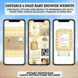 classic winnie the pooh baby shower website digital invitation editable with free canva account yellow gingham trackable rsvp, books for baby, google maps location, gift registry, drag and drop polaroid pictures, and more all editable by you immediately after purchase with a free canva account, guide included guests will love your baby shower website