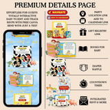 A promotional graphic for a premium digital baby shower details page template. The left side shows a smartphone mockup displaying the interactive party details screen, while the right side lists features such as party location link, gift registry link, books for baby, diaper raffle, countdown timer, and integrated RSVP with cartoon illustrations from Toy boy Story 