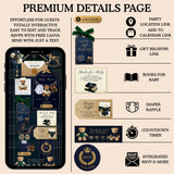 A promotional graphic for a premium baby shower details page template, showing a smartphone mockup on the left and a feature list on the right. The design uses dark navy plaid, cream, gold, and green accents, with text highlighting features like location link, gift registry, books for baby, diaper raffle, countdown timer, and integrated RSVP.