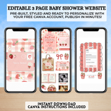 editable somebody berry sweet strawberry daisies themed baby shower website invitation editable with free canva account easy to use and share via text, email or social media your own website includes rsvp tracking, gift registry, books for baby, diaper raffle, polaroid drag and drop photo frames, google maps location comes with a guide your guests will love it