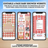 barbecue baby q  or co-ed baby shower gender neutral great for boys editable website invitation template for summer baby shower editable with a free canva account trackable rsvp, clickable gift registry, diaper raffle, books for baby, side dish request, drag and drop polaroid frames for your photos and more its totally interactive and easy to edit then share via text social media or email guests will love it
