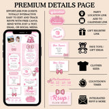 A promotional graphic for a customizable hello kitty girls birthay party invitation template set, showing a smartphone mockup on the left with pink and white invitation designs, and a list of features on the right including location link, gift registry link, clothes sizes, countdown timer, and RSVP options. The text at the top reads 'PREMIUM DETAILS PAGE'.