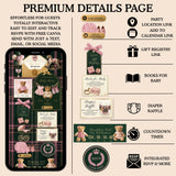 A promotional graphic for a premium girls ralph lauren inspired polo teddy baby shower details page template, showing a smartphone mockup on the left with a pink plaid and beige design, and a list of included features on the right such as location link, gift registry link, books for baby, diaper raffle, countdown timer, and integrated RSVP.