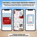 ready to pop soda themed baby shower editable canva website invitation, mobile invite website that is customized by you with a free canva account, trackable rsvps, books for baby, diaper raffle, drag and drop your own photos into polaroid frames change colors, themes text and more immediately after downloading then share via text, email or social media 