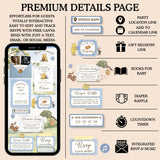 A promotional graphic for a premium baby shower details page template, showing a smartphone mockup on the left and a list of features on the right against a light beige background. The design includes cartoon classic winnie pooh illustrations and text such as 'PARTY Location Link,' 'Gift Registry Link,' 'Books for Baby,' 'Diaper Raffle,' 'Countdown Timer,' and 'Integrated RSVP & Music.
