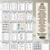 Printable birthday games and party signs for men and women born in 1986 turning 40 years old, 25 games with answers and 4 party signs including movie emoji pictionary, guess the price, celebrity birthdays pop culture trivia and more